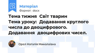 Тема тижня	Світ тварин					 Тема уроку:	Додавання круглого числа до двоцифрового. Додавання  двоцифрових чисел.
