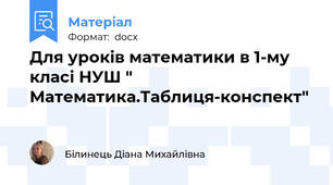 Для уроків математики в 1-му класі НУШ " Математика.Таблиця-конспект"