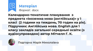 Календарно-тематичне планування  з предмета «Іноземна мова (англійська)» у 1 класі  (2 години на тиждень, 70 годин на рік). Підручник: Англійська мова. English для 1 класу закладів загальної середньої освіти (з аудіосупроводом) автор Мітчелл Г. К.