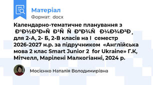 Календарно-тематичне планування з англійської мови   для 2-А, 2- Б, 2-В класів на І  семестр  2026-2027 н.р. за підручником  «Англійська мова 2 клас Smart Junior 2  for Ukraine» Г.К, Мітчелл, Марілені Малкогіанні, 2024 р.