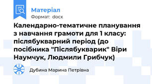 Календарно-тематичне планування з навчання грамоти для 1 класу: післябукварний період (до посібника "Післябукварик" Віри Наумчук, Людмили Грибчук)