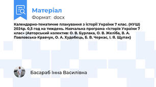 Календарно-тематичне планування з історії України 7 клас. (НУШ) 2024р. 0,5 год на тиждень. Навчальна програма «Історія України 7 клас» (Авторський колектив: О. В. Бурлака, О. В. Желіба, В. А. Павловська-Кравчук, О. А. Худобець, Б. В. Черкас, І. Я. Щупак)