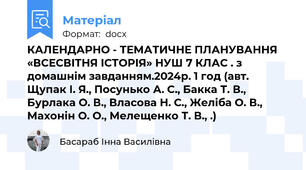 КАЛЕНДАРНО - ТЕМАТИЧНЕ ПЛАНУВАННЯ «ВСЕСВІТНЯ ІСТОРІЯ» НУШ 7 КЛАС . з домашнім завданням.2024р. 1 год (авт. Щупак І. Я., Посунько А. С., Бакка Т. В., Бурлака О. В., Власова Н. С., Желіба О. В., Махонін О. О., Мелещенко Т. В., .)