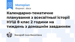 Календарно-тематичне планування з всесвітньої історії НУШ 8 клас 2 години на тиждень з домашнім завданням
