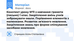 Конспект уроку №11 з навчання грамоти (письмо) 1 клас. Закріплення вмінь учнів зображувати овали. Порівняння елементів з малюнками. Розвиток зв'язного мовлення. Закріплення знань про форми спілкування засобами мовлення.
