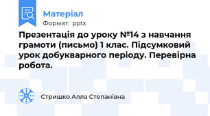 Презентація до уроку №14 з навчання грамоти (письмо) 1 клас. Підсумковий урок добукварного періоду. Перевірна робота.