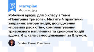 Робочий аркуш для 5 класу з теми «Повітряна тривога». Містить 4 практичні завдання: алгоритм дій, дослідження «правила двох стін», комплектування тривожного наплічника та хронологію дій вдома. Є шкала самооцінювання за Блумом.