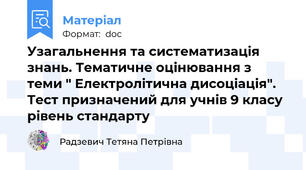 Узагальнення та систематизація знань. Тематичне оцінювання з теми " Електролітична дисоціація". Тест призначений для учнів 9 класу  рівень стандарту