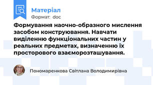 Формування наочно-образного мислення засобом конструювання. Навчати виділенню функціональних частин у реальних предметах, визначенню їх просторового взаєморозташування.