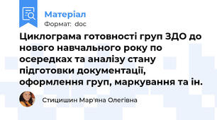 Циклограма готовності груп ЗДО до нового навчального року по осередках та аналізу стану підготовки документації, оформлення груп, маркування та ін.