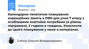 Календарно-тематичне планування корекційних занять з ЛФК для учня 7 класу з особливими освітніми потребами (4 рівень підтримки). 2 години в тиждень. Конспекти до цього планування у мене в матеріалах.