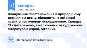 Планування спостереження в природньому довкіллі на весну, підходить на всі вікові групи, з поступовим ускладненням. Складає 37 спотережень, з малюнками та художньою літературою (вірші, загадки).