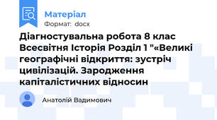 Діагностувальна робота 8 клас Всесвітня Історія Розділ 1 "«Великі географічні відкриття: зустріч цивілізацій. Зародження капіталістичних відносин