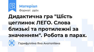 Дидактична гра "Шість цеглинок ЛЕГО. Слова близькі та протилежні за значенням". Робота в парах.