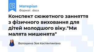 Конспект сюжетного занняття з фізичного виховання для дітей молодшого віку."Ми малята мишенята"