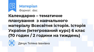 Календарно – тематичне планування  з навчального матеріалу Всесвітня історія. Історія України (інтегрований курс) 6 клас (70 годин / 2 години на тиждень)
