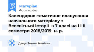 Календарно-тематичне планування навчального матеріалу з  Всесвітньої історії  в 7 класі на І і II семестри 2018/2019  н. р.