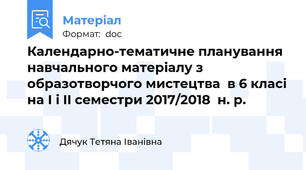 Календарно-тематичне планування навчального матеріалу з  образотворчого мистецтва  в 6 класі на І і II семестри 2017/2018  н. р.