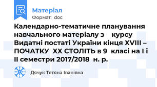 Календарно-тематичне планування навчального матеріалу з    курсу Видатні постаті України кінця ХVІІІ – ПОЧАТКУ  ХХ СТОЛІТЬ в 9  класі на І і II семестри 2017/2018  н. р.
