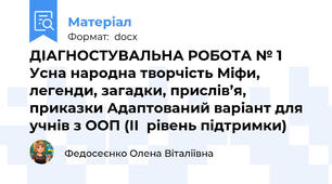 ДІАГНОСТУВАЛЬНА РОБОТА № 1 Усна народна творчість Міфи, легенди, загадки, прислів’я, приказки Адаптований варіант для учнів з ООП (ІІ  рівень підтримки)