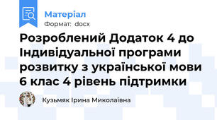 Розроблений Додаток 4 до Індивідуальної програми розвитку з української мови 6 клас 4 рівень підтримки