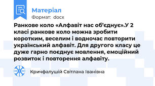 Ранкове коло «Алфавіт нас об’єднує».У 2 класі ранкове коло можна зробити коротким, веселим і водночас повторити український алфавіт. Для другого класу це дуже гарно поєднує мовлення, емоційний розвиток і повторення алфавіту.