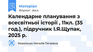 Календарне планування з всесвітньої історії , 11кл. (35 год.), підручник І.Я.Щупак, 2025 р.