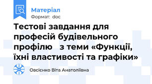 Тестові завдання для професій будівельного профілю 	з теми «Функції, їхні властивості та графіки»