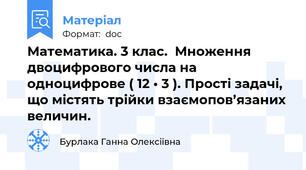 Математика. 3 клас.  Множення двоцифрового числа на одноцифрове ( 12 • 3 ). Прості задачі, що містять трійки взаємопов’язаних величин.