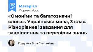 «Омоніми та багатозначні слова». Українська мова, 3 клас. Різнорівневі завдання для закріплення та перевірки знань