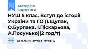 НУШ 5 клас.КТП Вступ до історії України та ГО (І.Щупак, О.Бурлака, І.Піскарьова, А.Посунько)(2 год/т)
