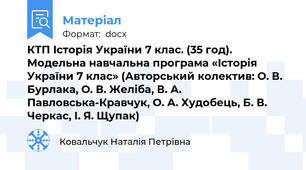 КТП Історія України 7 клас. (35 год). Модельна навчальна програма «Історія України 7 клас» (Авторський колектив: О. В. Бурлака, О. В. Желіба, В. А. Павловська-Кравчук, О. А. Худобець, Б. В. Черкас, І. Я. Щупак)