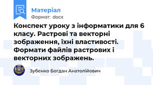 Конспект уроку з інформатики для 6 класу. Растрові та векторні зображення, їхні властивості. Формати файлів растрових і векторних зображень.