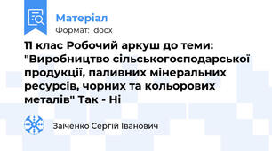 11 клас Робочий аркуш до теми: "Виробництво сільськогосподарської продукції, паливних мінеральних ресурсів, чорних та кольорових металів" Так - Ні