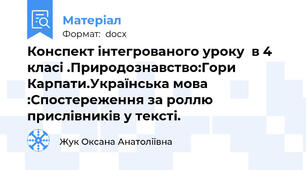 Конспект інтегрованого уроку  в 4 класі .Природознавство:Гори Карпати.Українська мова :Спостереження за роллю прислівників у тексті.
