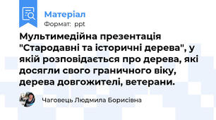 Мультимедійна презентація "Стародавні та історичні дерева", у якій розповідається про дерева, які досягли свого граничного віку, дерева довгожителі, ветерани.