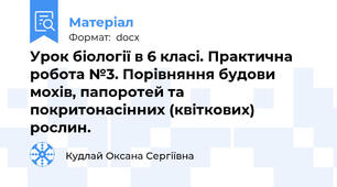 Урок біології в 6 класі. Практична робота №3. Порівняння будови мохів, папоротей та покритонасінних (квіткових) рослин.