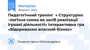 Педагогічний тренінг  « Структурно –логічна схема як засіб реалізації ігрової діяльності» Інтерактивна гра «Відкриваємо власний бізнес»