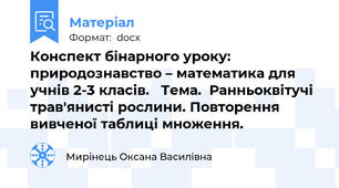 Конспект бінарного уроку: природознавство – математика для учнів 2-3 класів.   Тема.  Ранньоквітучі трав'янисті рослини. Повторення вивченої таблиці множення.