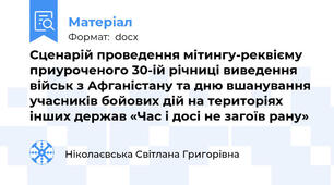 Сценарій проведення мітингу-реквієму приуроченого 30-ій річниці виведення військ з Афганістану та дню вшанування учасників бойових дій на територіях інших держав «Час і досі не загоїв рану»