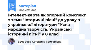 Інтелект-карта як опорний конспект з теми "Історичні пісні" до уроку з української літератури “Усна народна творчість. Українські історичні пісні” у 8 класі.