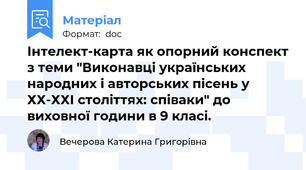 Інтелект-карта як опорний конспект з теми "Виконавці українських народних і авторських пісень у ХХ-ХХІ століттях: співаки" до виховної години в 9 класі.