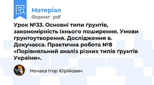Урок №33. Основні типи ґрунтів, закономірність їхнього поширення. Умови ґрунтоутворення. Дослідження в. Докучаєса. Практична робота №8 «Порівняльний аналіз різних типів ґрунтів України».