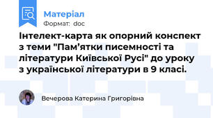 Інтелект-карта як опорний конспект з теми "Пам’ятки писемності та літератури Київської Русі" до уроку з української літератури в 9 класі.