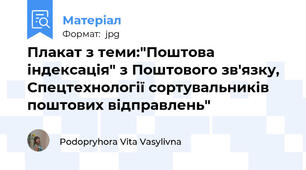Плакат з теми:"Поштова індексація" з Поштового зв'язку, Спецтехнології сортувальників поштових відправлень"
