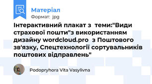 Інтерактивний плакат з  теми:"Види страхової пошти"з використанням дизайну wordcloud.pro  з Поштового зв'язку, Спецтехнології сортувальників поштових відправлень"