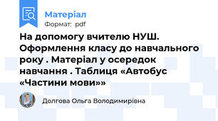На допомогу вчителю НУШ. Оформлення класу до навчального року . Матеріал у осередок  навчання . Таблиця «Автобус «Частини мови»»