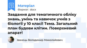 Завдання для тематичного обліку знань, умінь та навичок учнів з біології у 10 класі! Тема. Загальний план будови клітин. Поверхневий апарат!