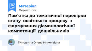 Пам'ятка до тематичної перевірки стану  освітнього процесу  з формування діамонологічної компетенції  дошкільників