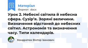 Урок 2. Небесні світила й небесна сфера. Сузір’я. Зоряні величини. Визначення відстаней до небесних світил. Астрономія та визначення часу. Типи календарів.